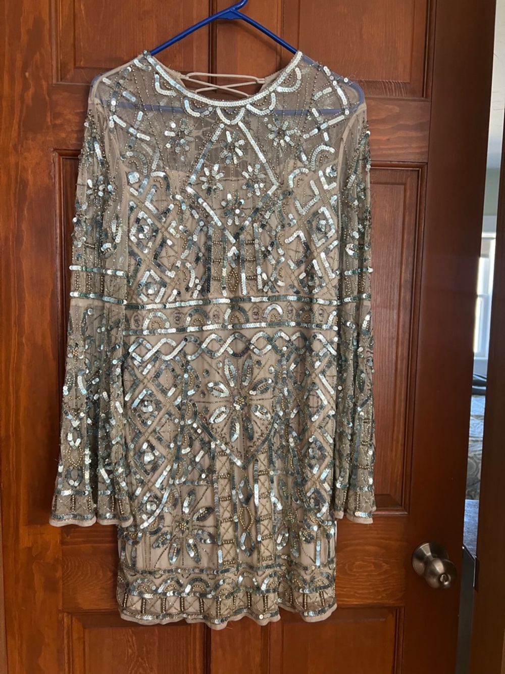 ASOS Taupe Beaded Embellished Long-Sleeve Midi Dress
